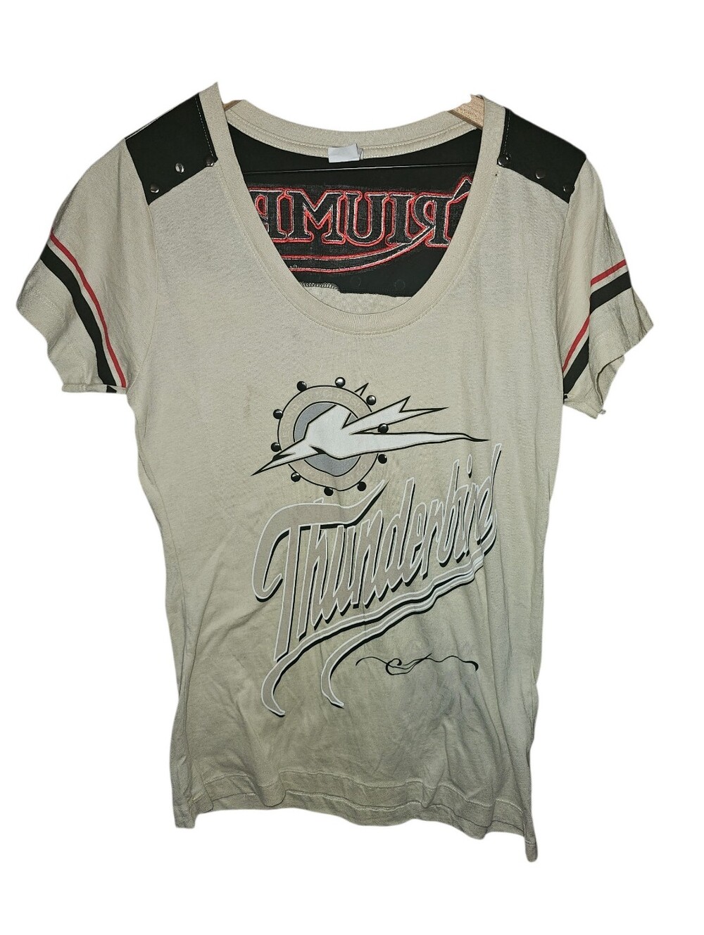 TRIUMPH MOTORCYCLES Vintage Y2K Studded Fitted Ringer Style Tee - XL